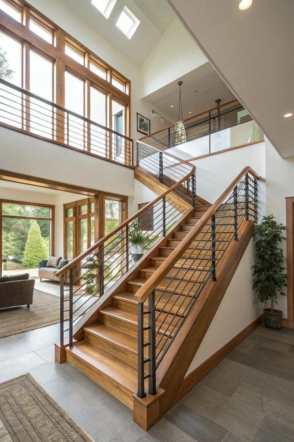 Creatively mixed material railings offering an eclectic design in a split-level residence.