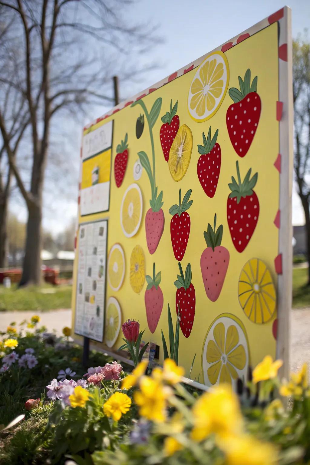 Fruits adding a fresh and colorful touch to the spring bulletin board.