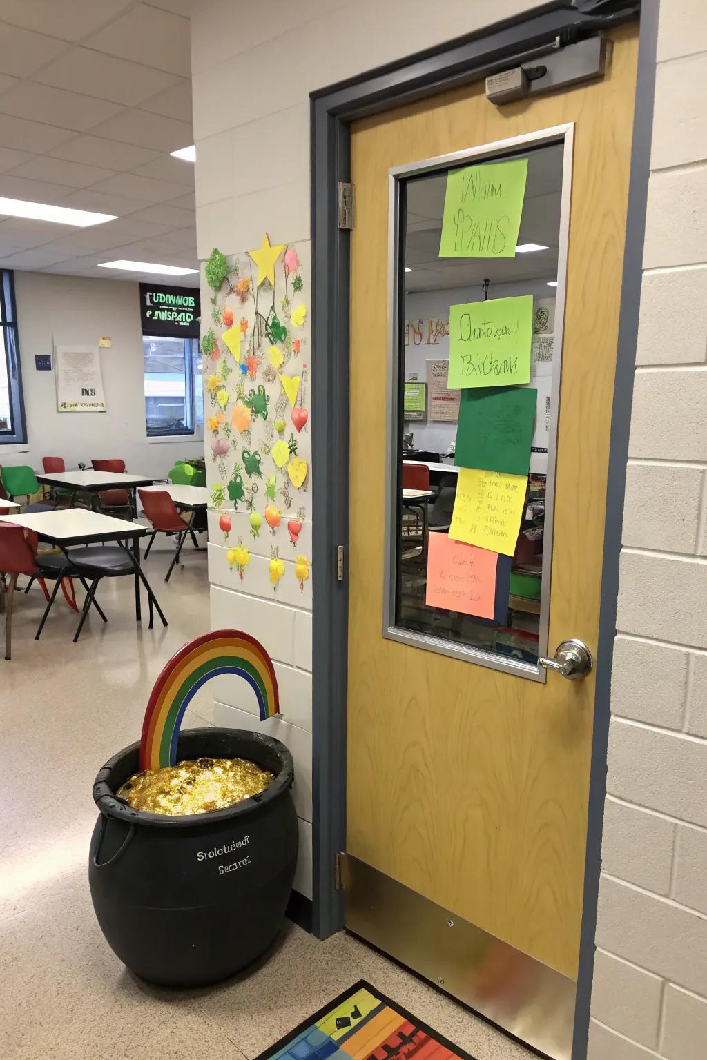 A pot of gold on a classroom door, filled with notes of gratitude from students.