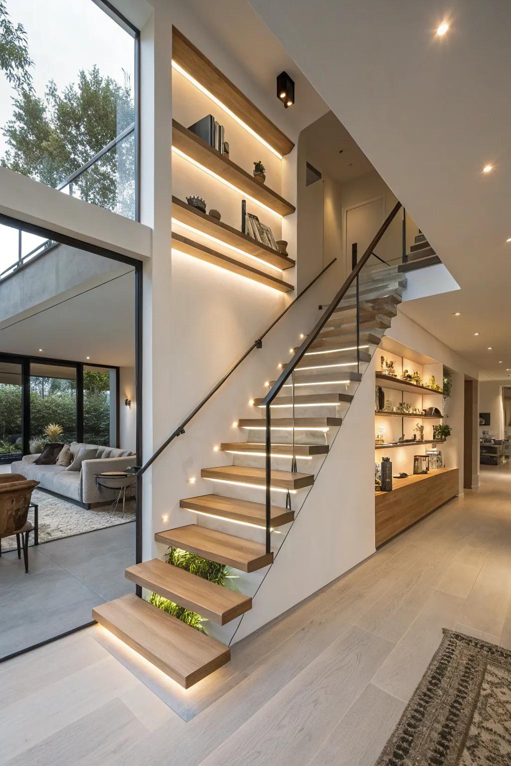 Hanging racks grow useful storage and display location to this stairwell.