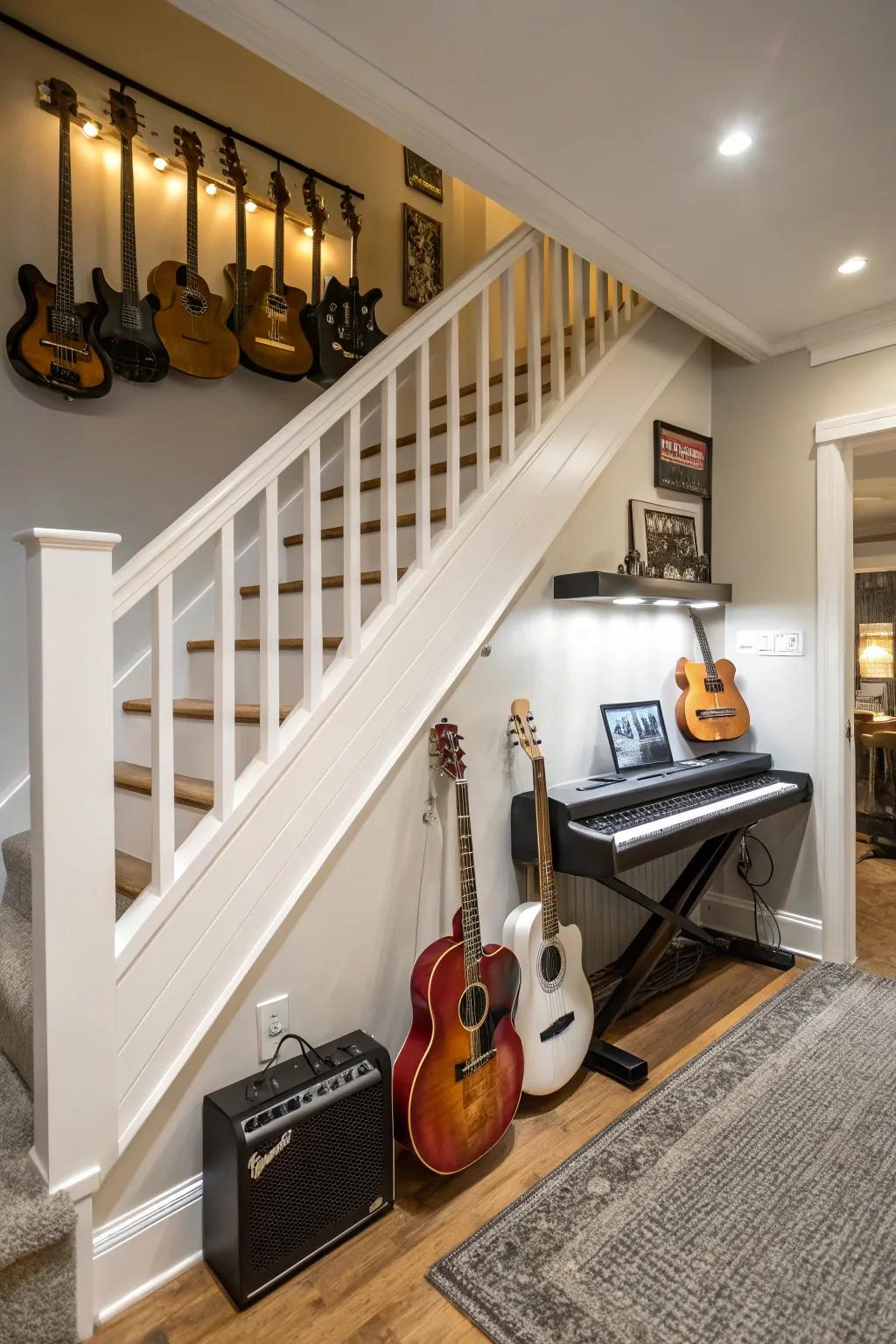 Harmonize your space through musical instrument storage beneath the stairwell.