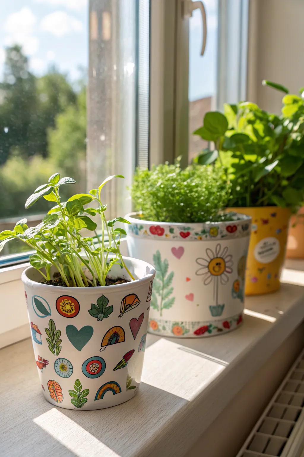 Enhance your planters with whimsical sticker designs that pop.