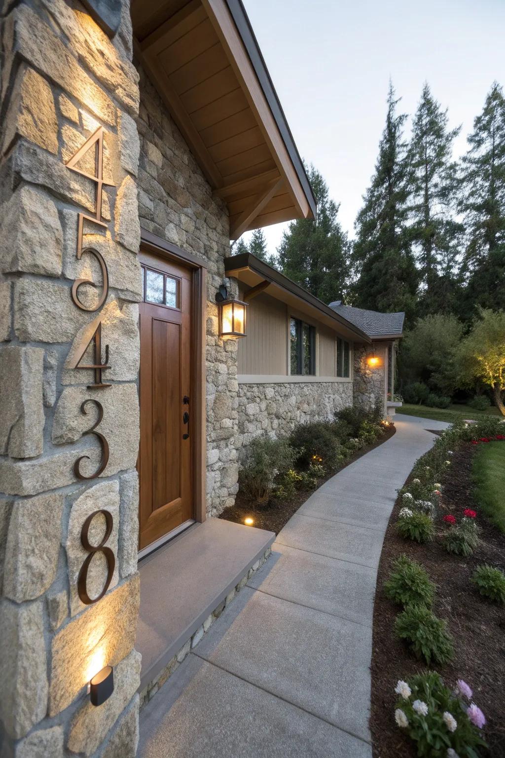 Stone address markers present a personalized detail.