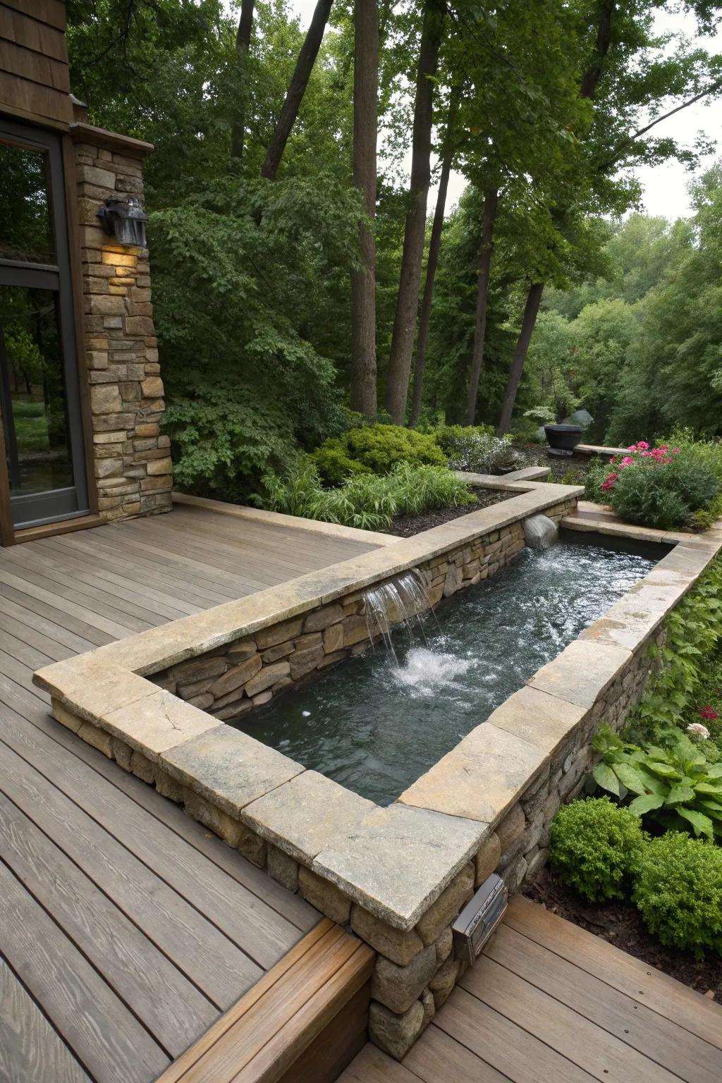 A serene deck spotlighting rock skirting through a soothing aquatic element.