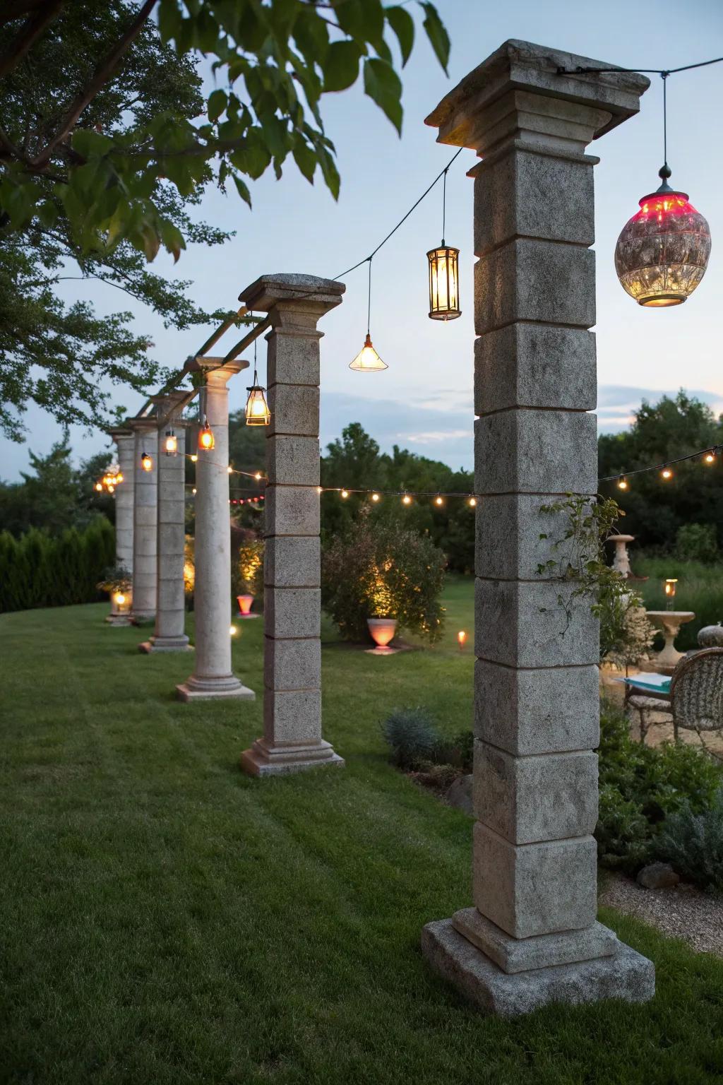Mix styles with rock columns and eclectic lighting combinations.