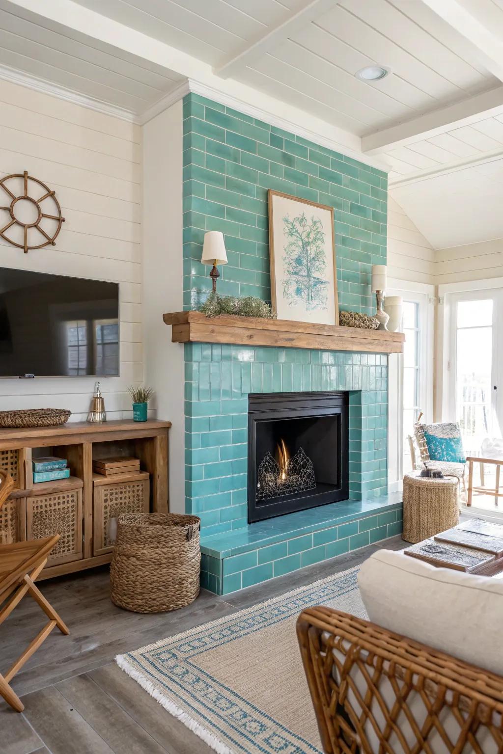 Turquoise tiles add a refreshing twist to this coastal living room.