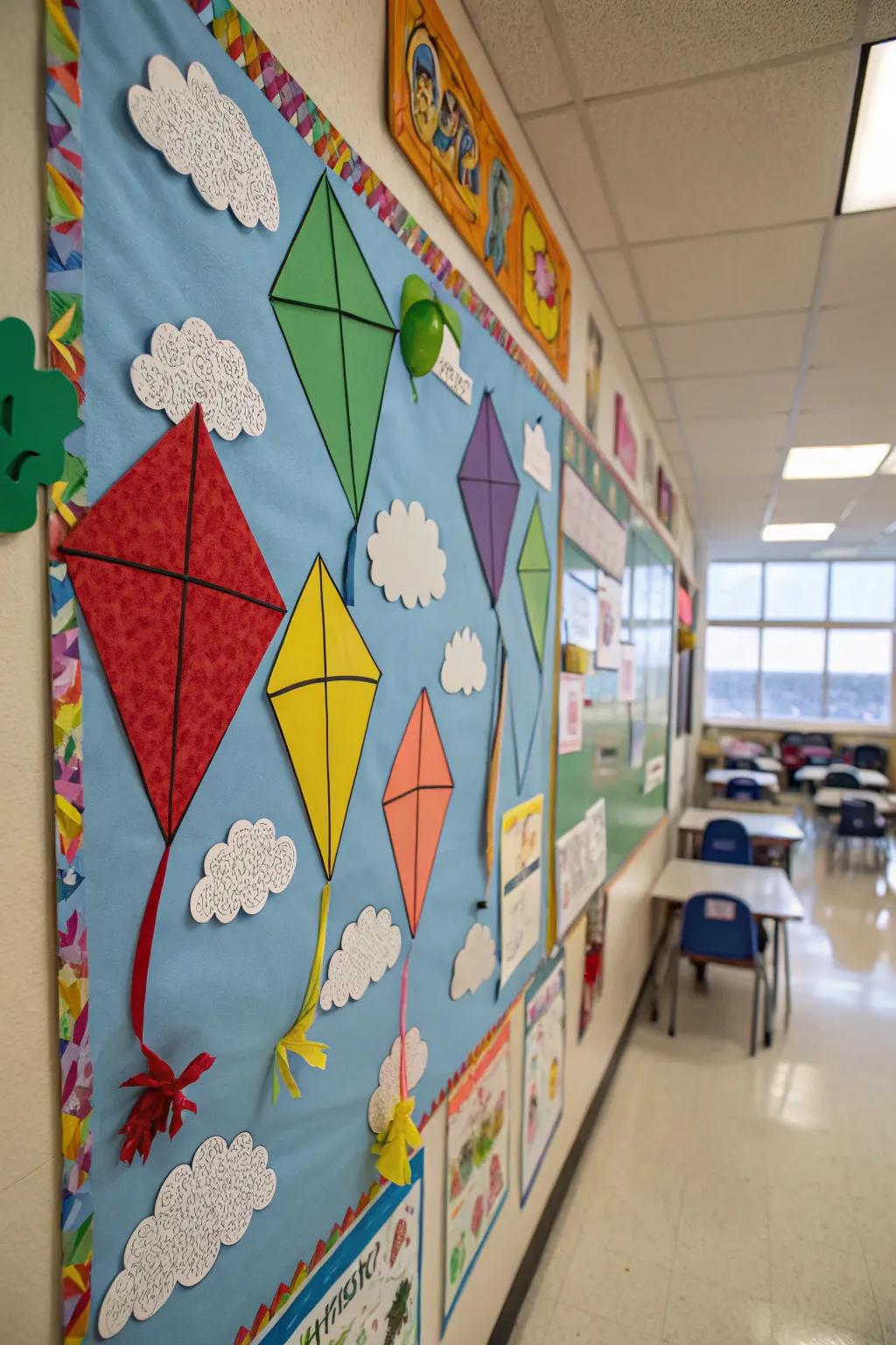 A kite-themed bulletin board that captures the joy of flying.