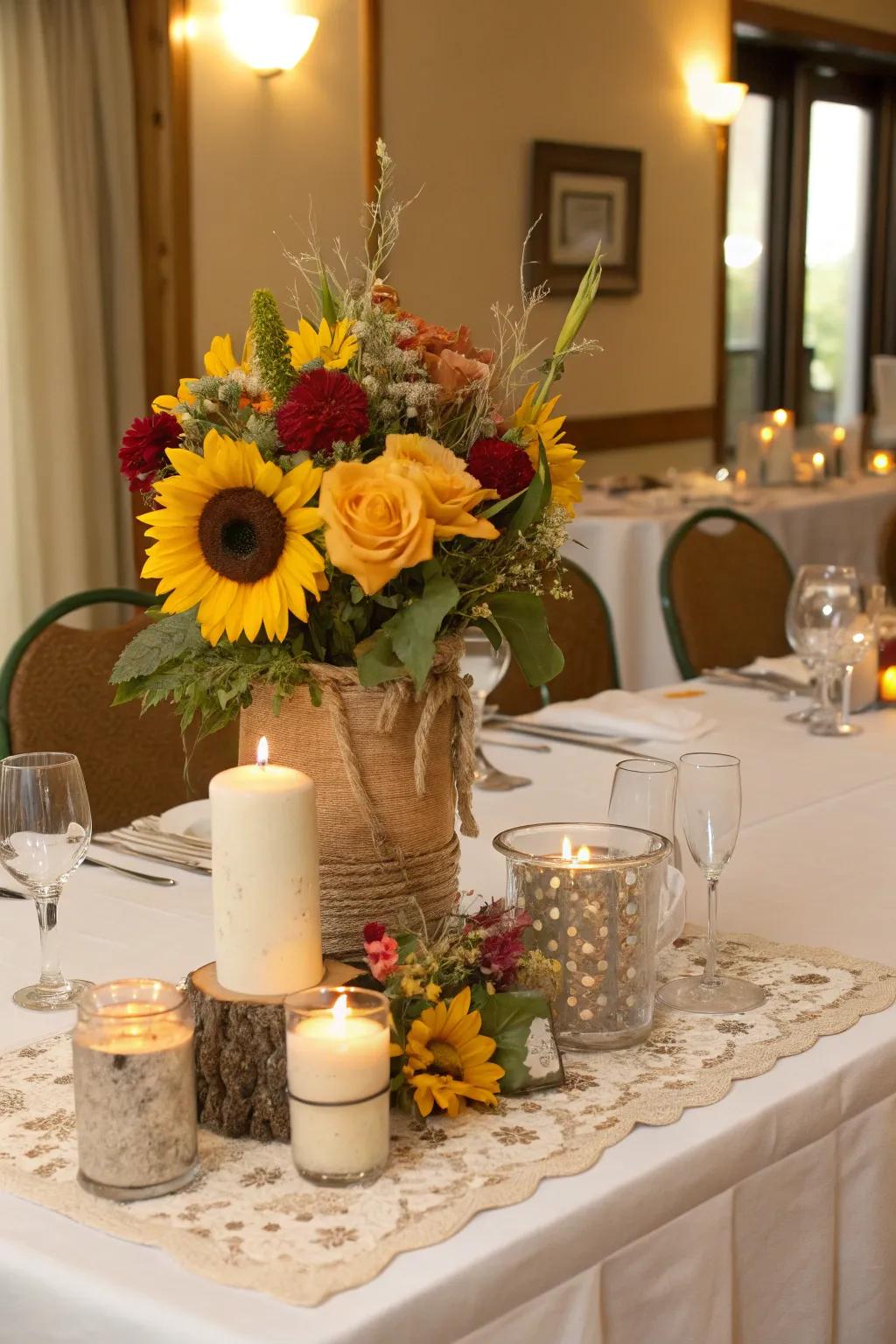 A golden bloom-adorned sweetheart table for the newlyweds.