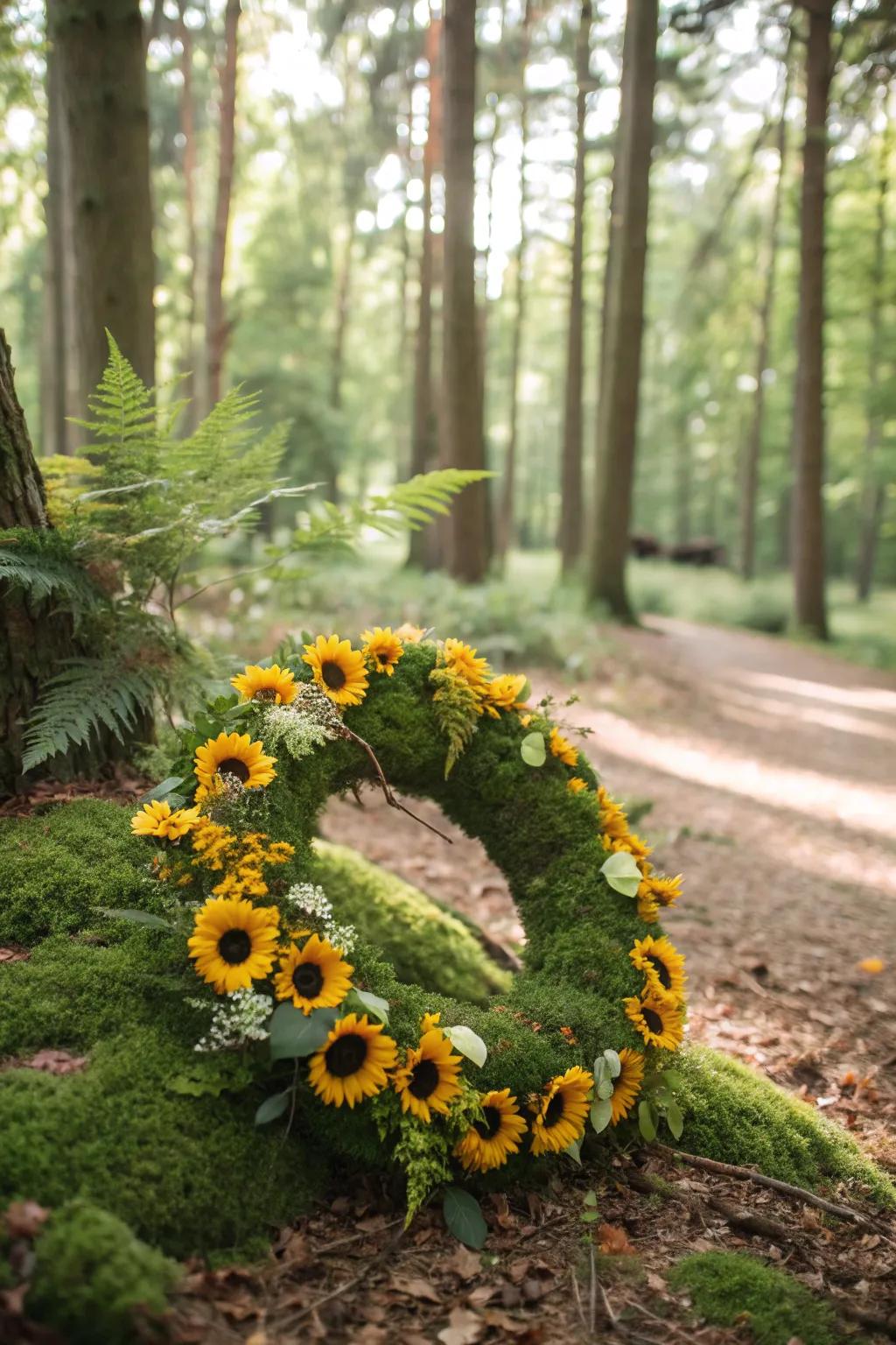 Experience lush enchantment as a moss base enriches a sunflower wreath.