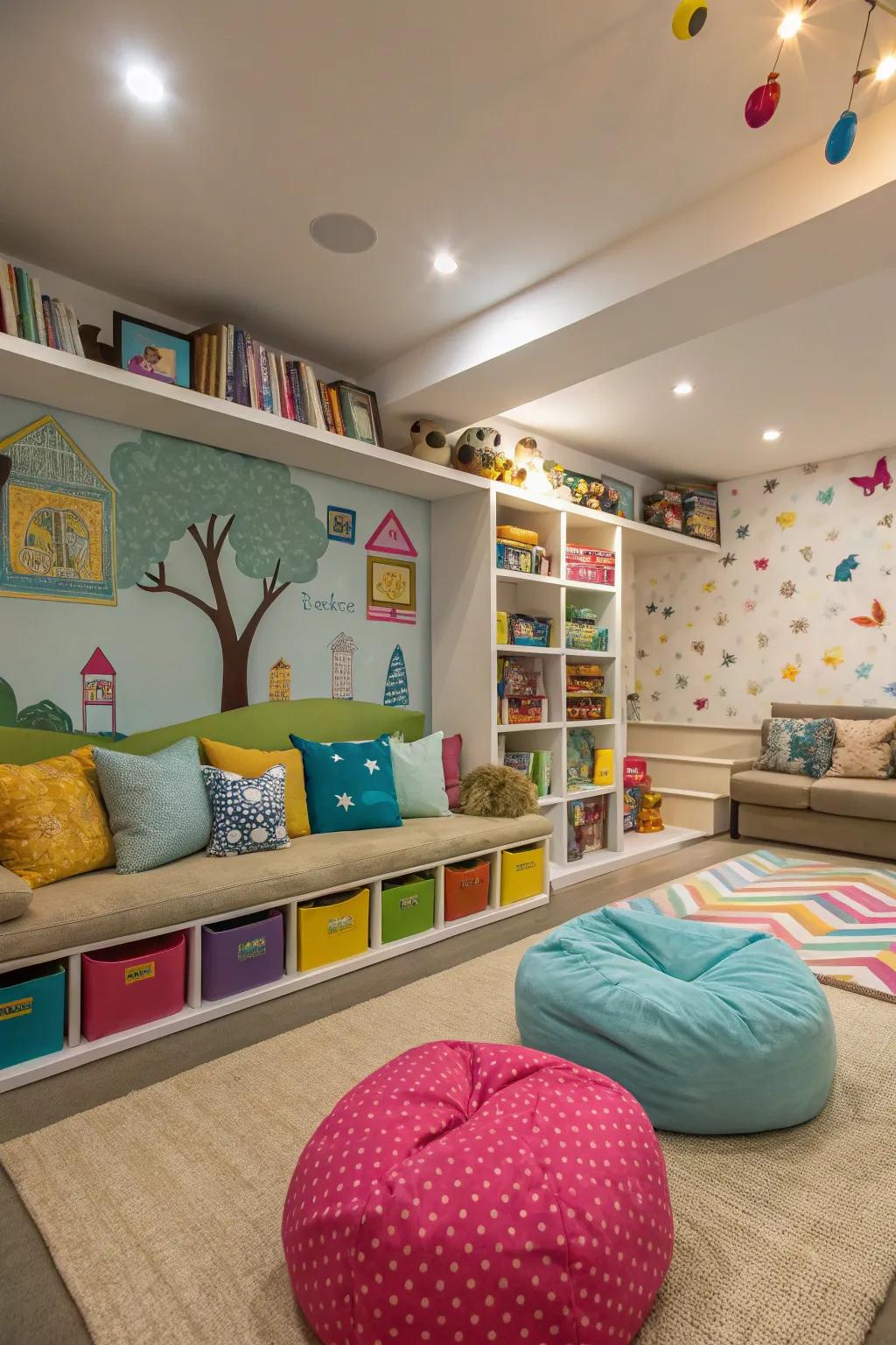A sunken living room converted into a playful children's area.