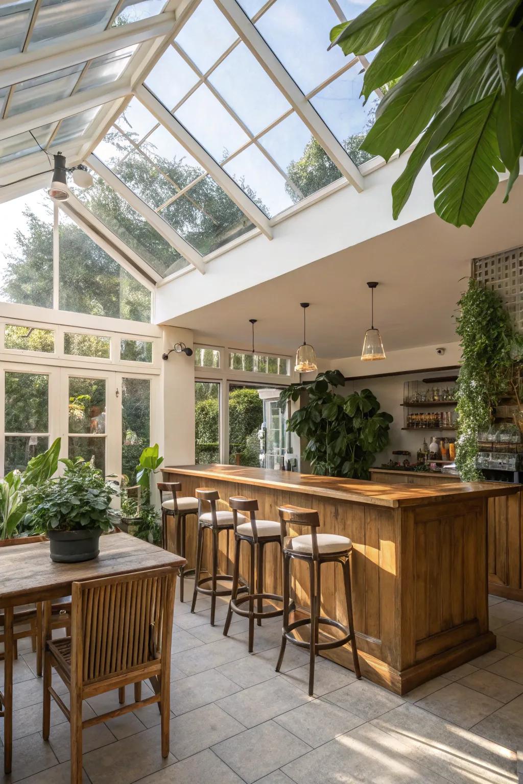 A skylight fills your sunroom bar with sunlight and expansive views.