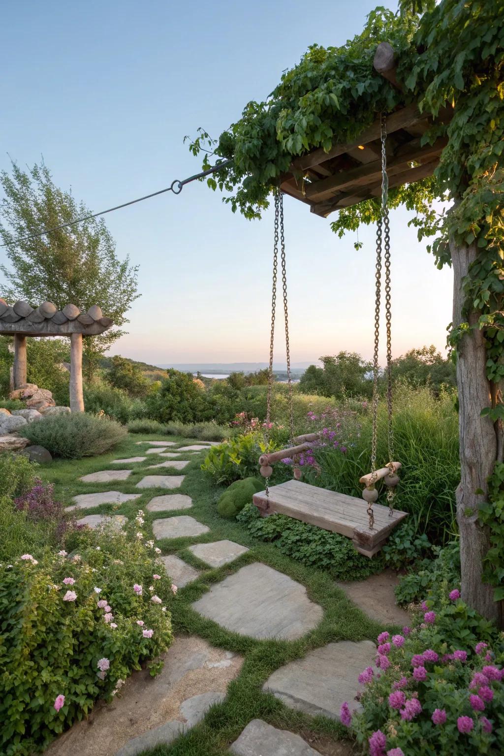 A swing with natural rock elements enhances garden harmony.