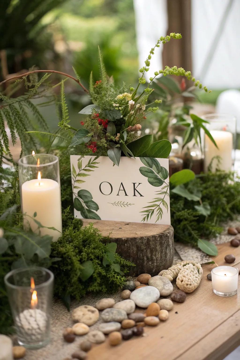 Botanical-themed table identifiers forge a tranquil, earthy atmosphere.