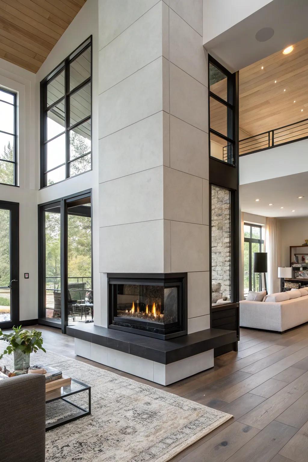 Metallic embellishments append streamlined modernity to a fireplace style.