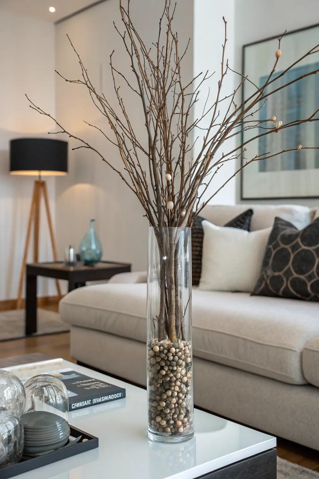 A tall glass vase with decorative twigs, adding an artistic flair to a contemporary living space.