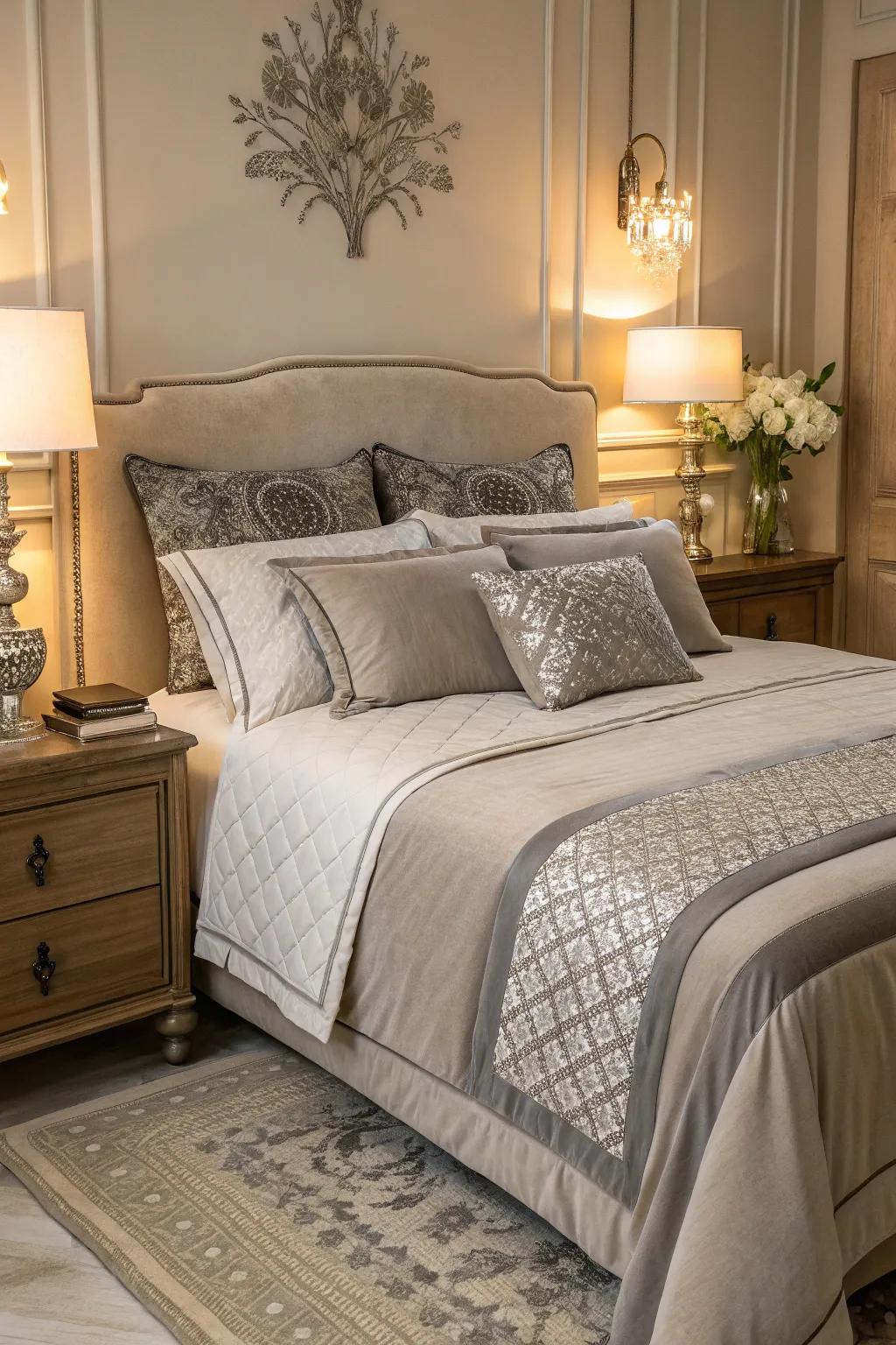 Earthen bedding with slate highlights creates harmony.