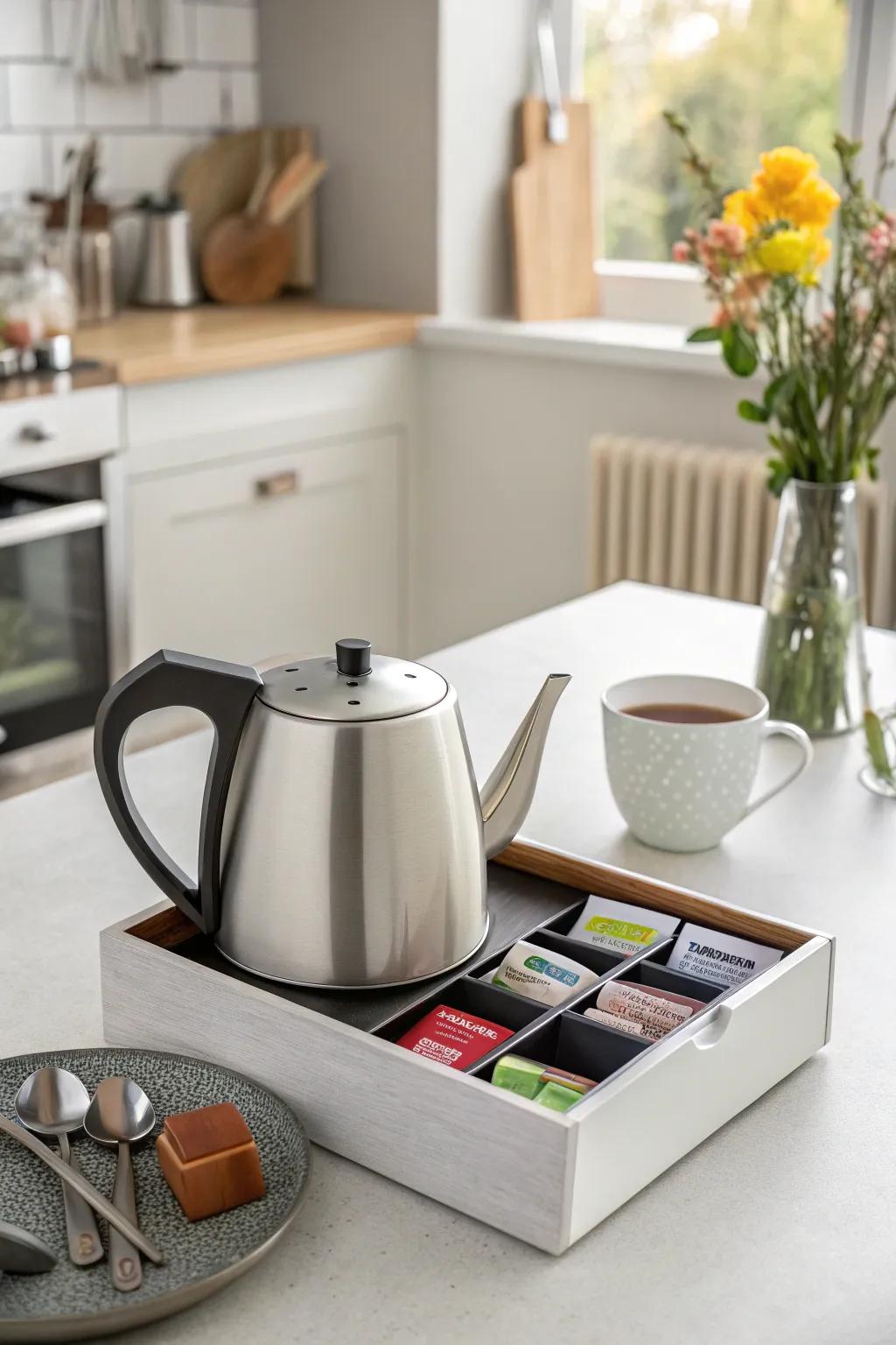 A teapot with built-in tea storage.
