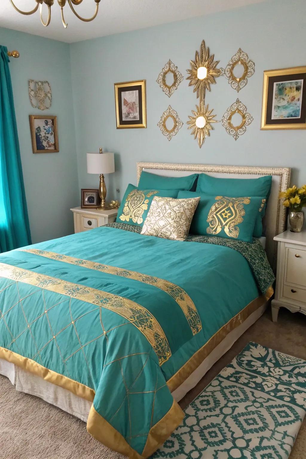 An aqua and gilded bedding set instantly revitalizes the look of this bedroom.