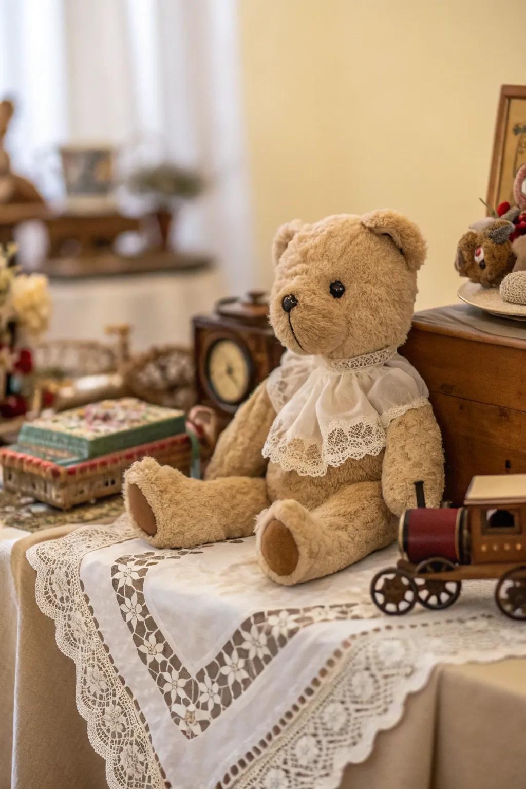 Vintage vibes add character to a teddy bear centerpiece.