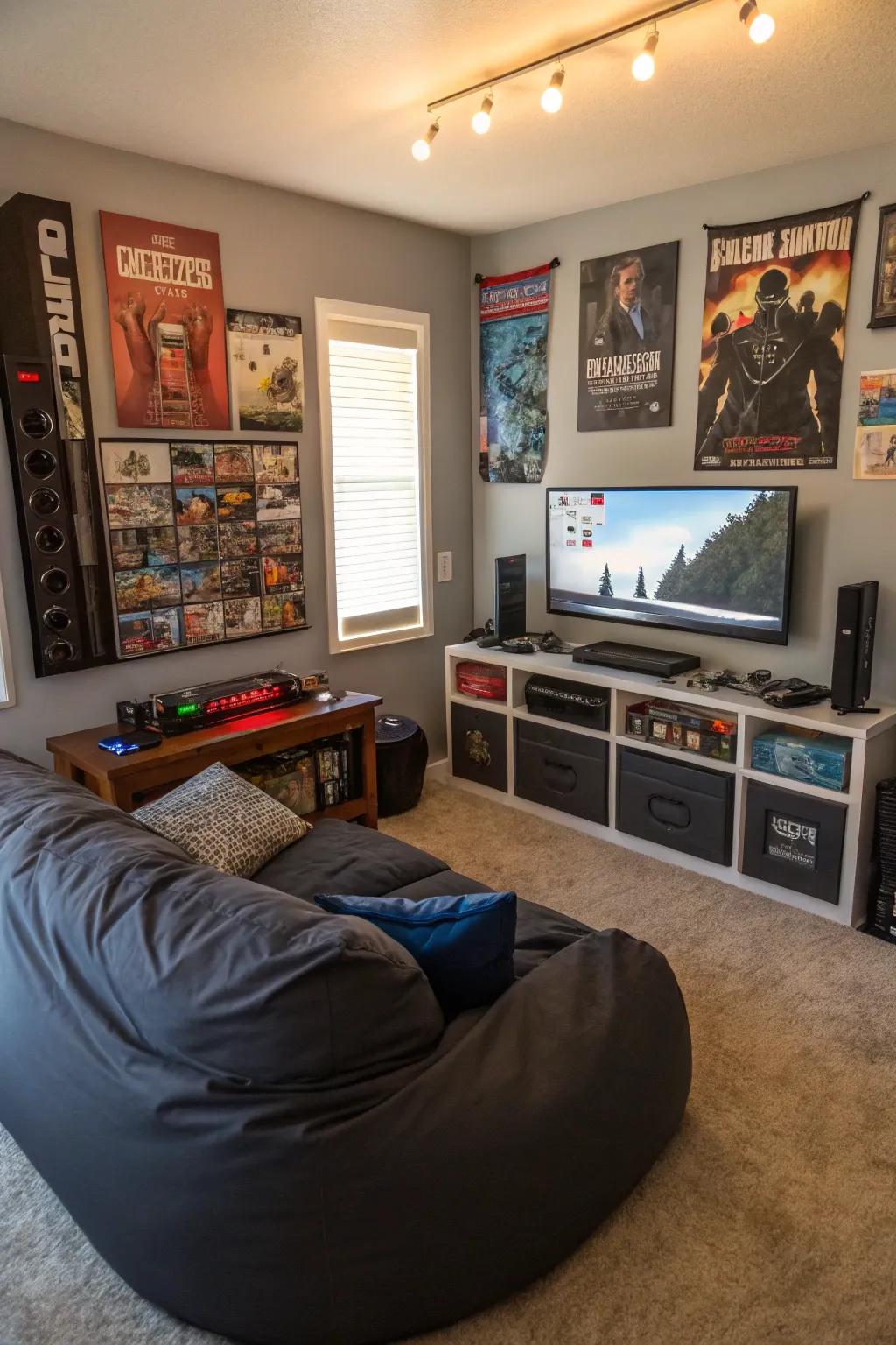A dedicated gaming zone featuring comfy seating within this teen boy's room.