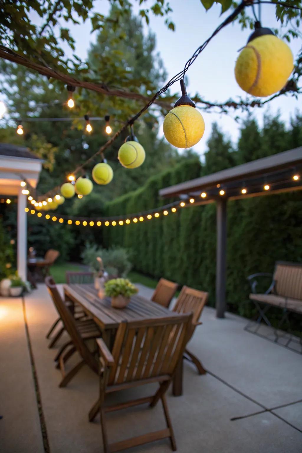 Tennis sphere lights enchant exterior expanses.