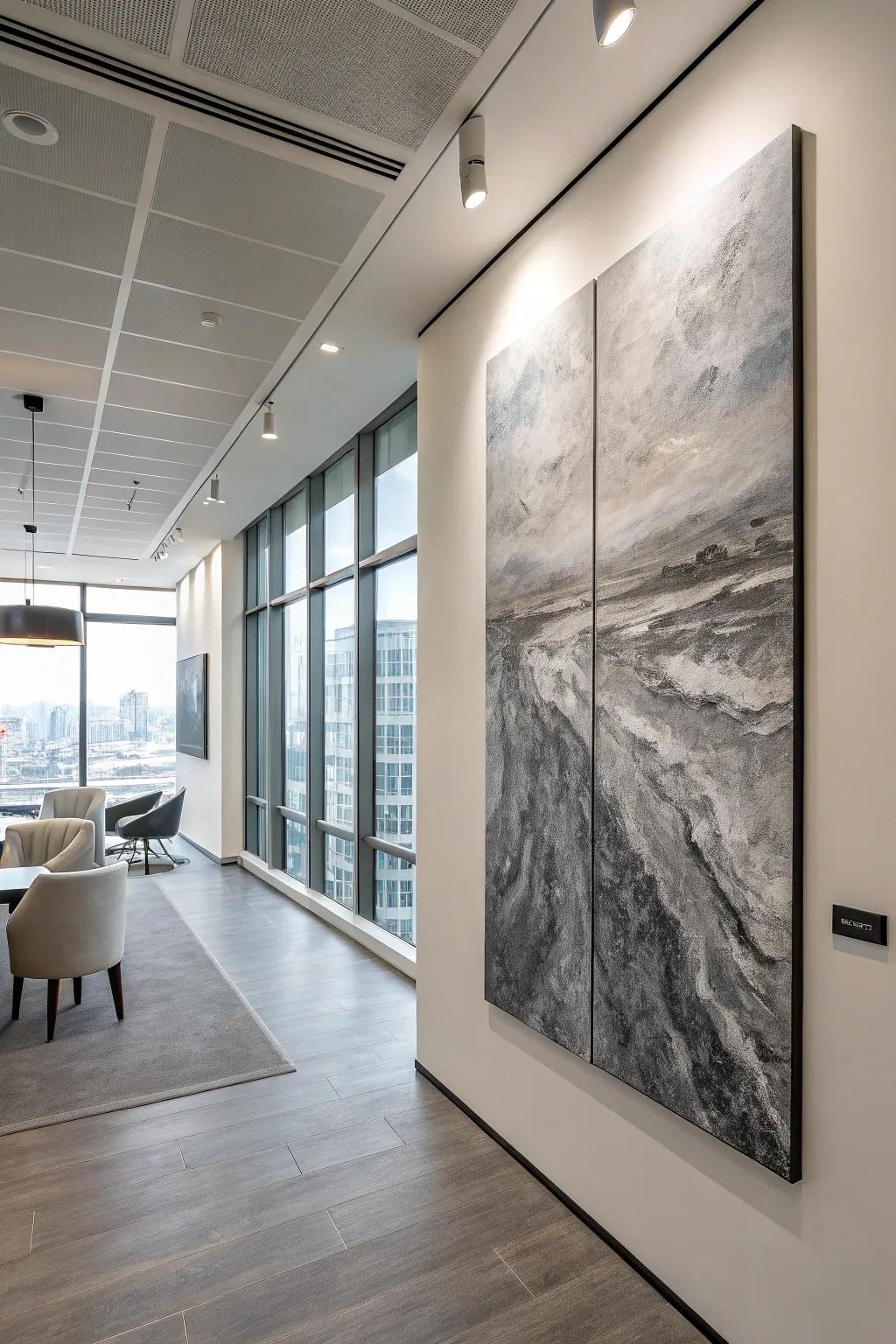 A monochromatic textured painting adds sophistication to this modern office.