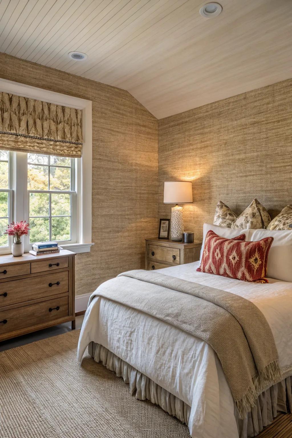 A bedroom with cozy grasscloth wallpaper.