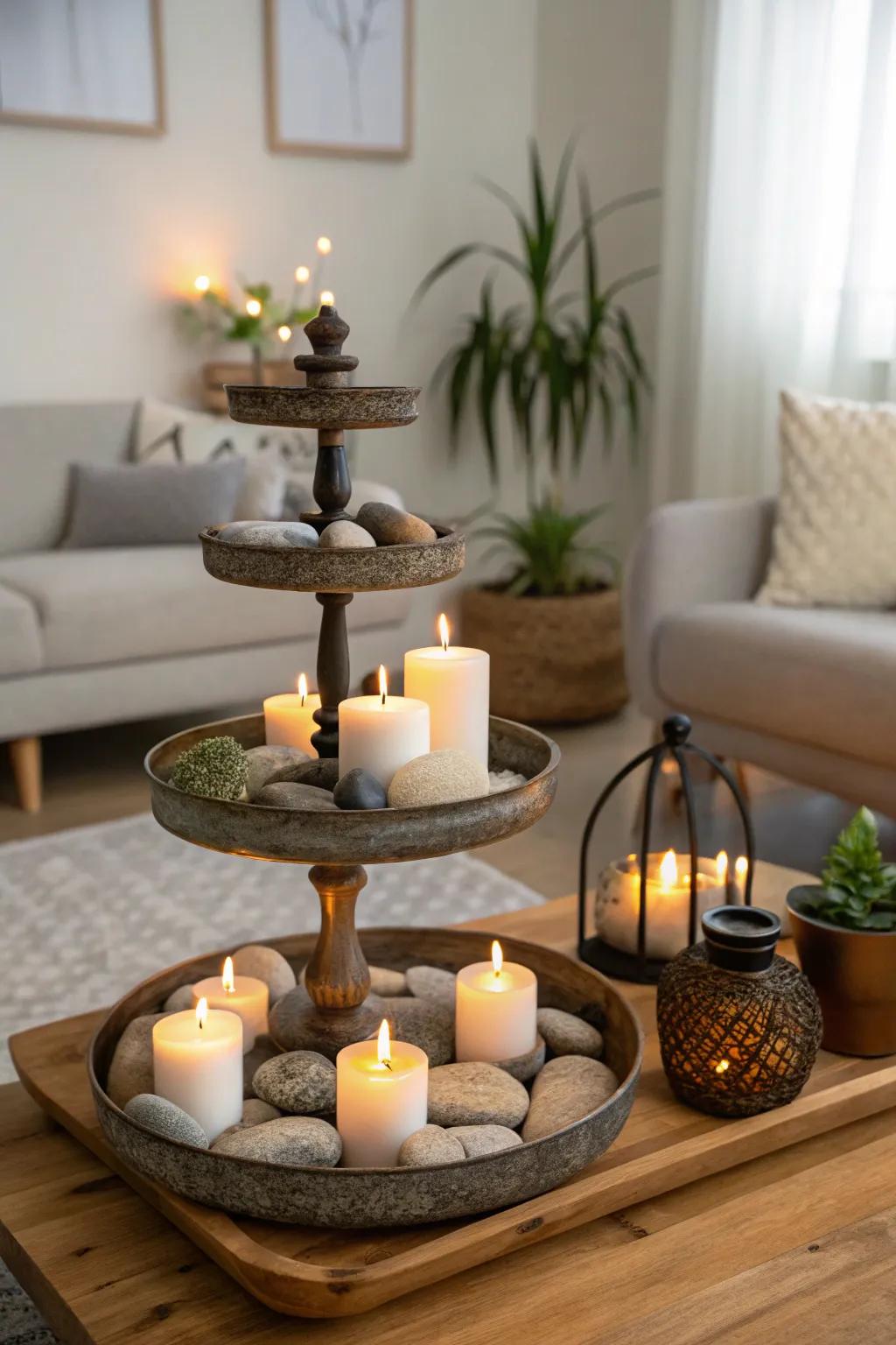 A zen-themed tiered tray offering a moment of peace.