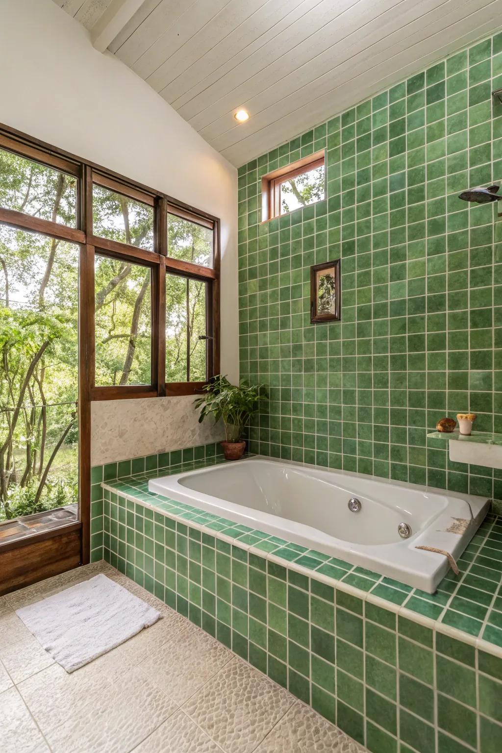 Emerald coverings bring a natural and refreshing touch to your bathtub area.