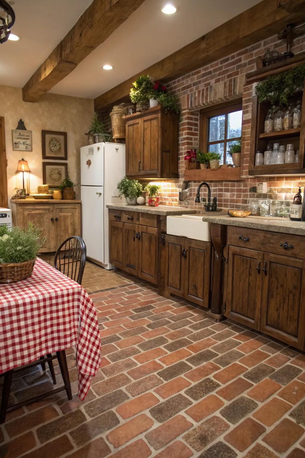 Brick-look tiles add rustic charm and warmth to this cozy kitchen.