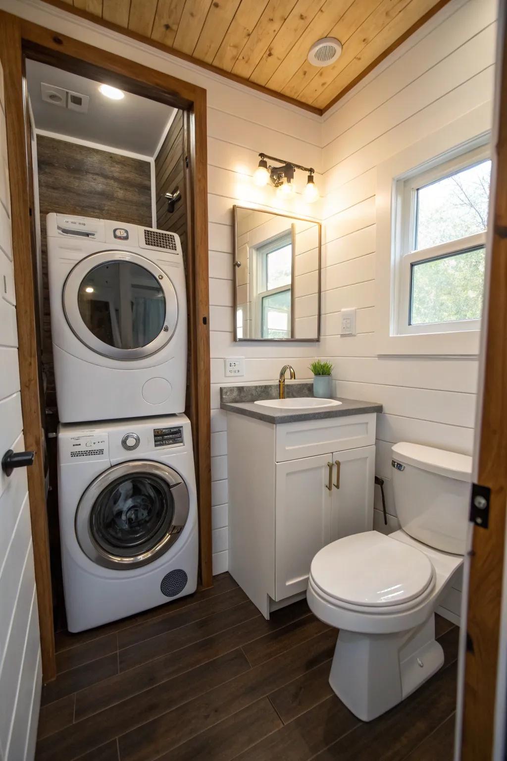 A combo washer/dryer maximizes functionality in this tiny bathroom.