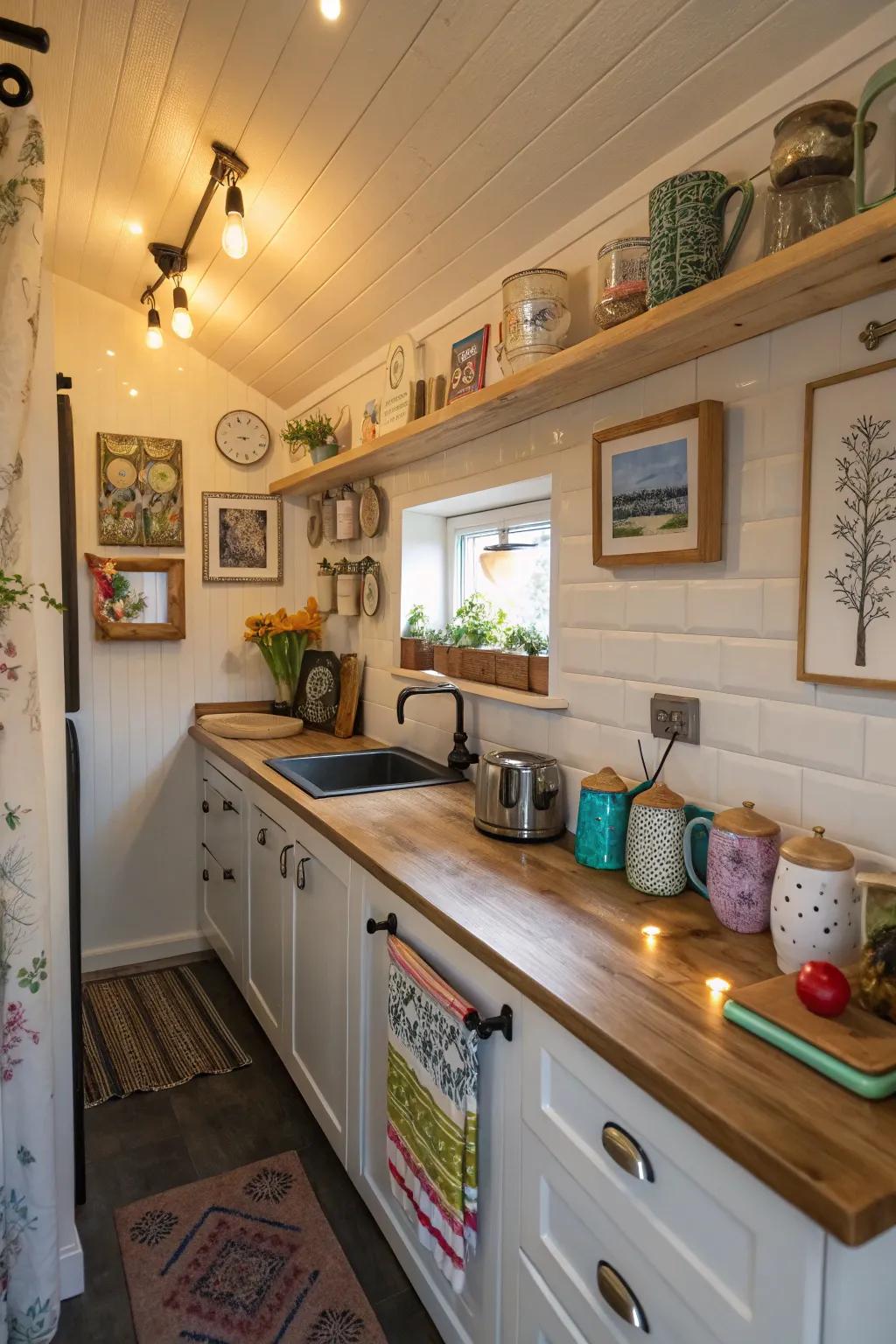 Personalized decor introduces warmth and individuality to a small kitchen.