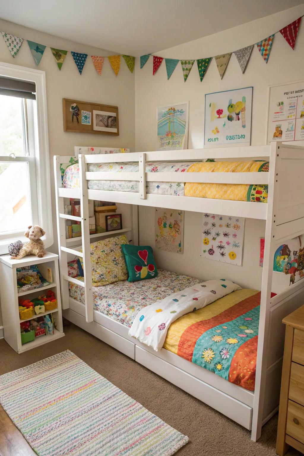 Small-scale bunk beds suitable for shared spaces.