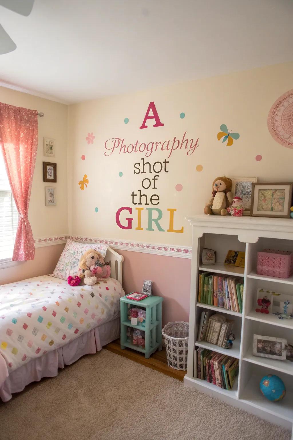 Name wall stickers contribute a personal and celebratory accent to the sleeping quarter.