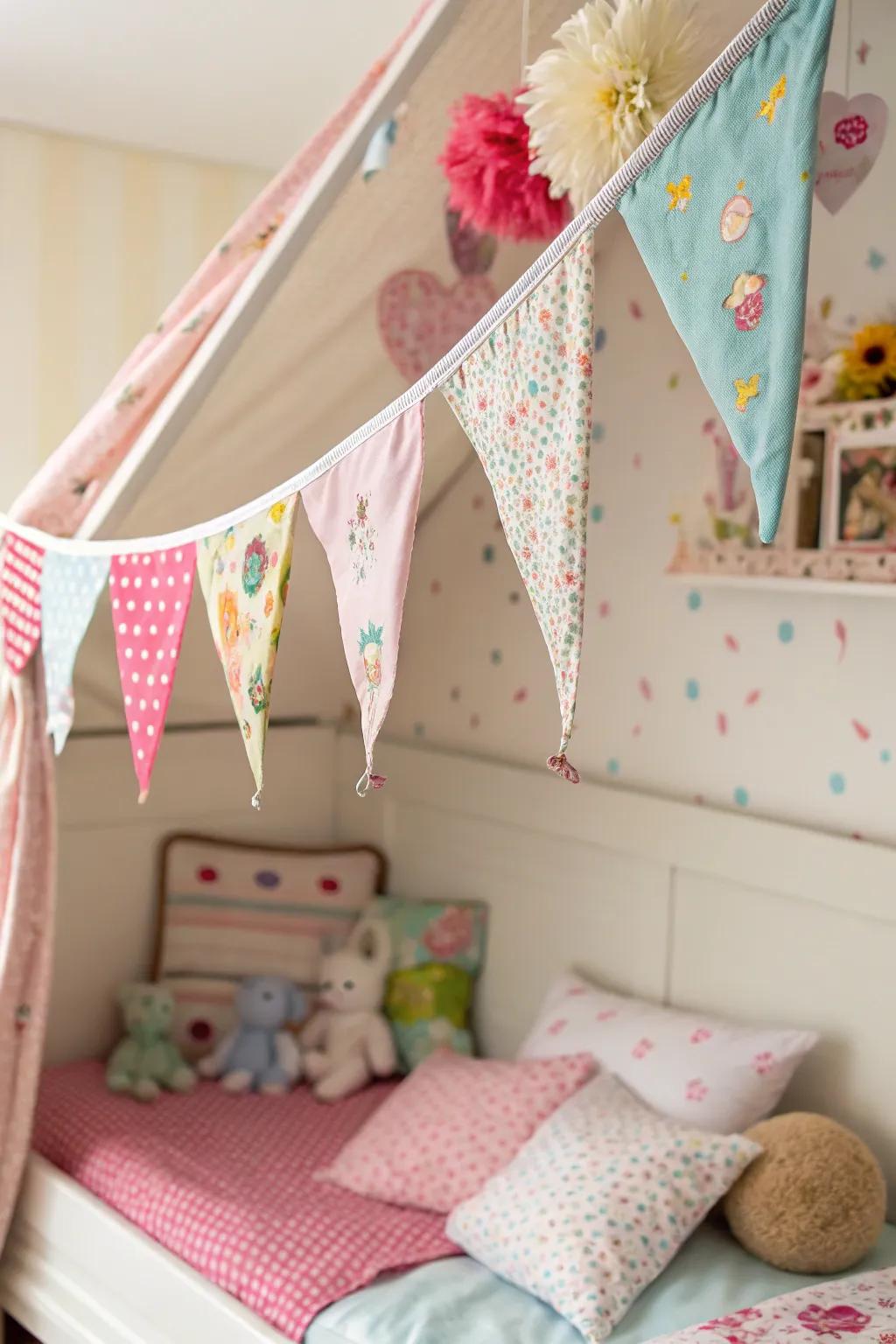 Pennant banners bring a cheerful energy to the space.