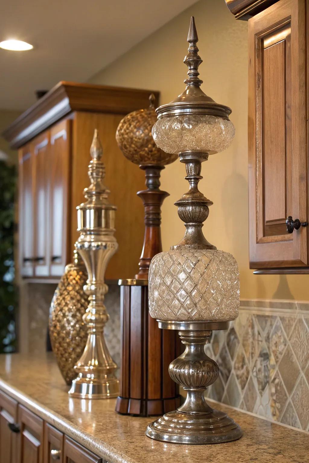 Layer different materials to create a textured tableau above your cabinets.