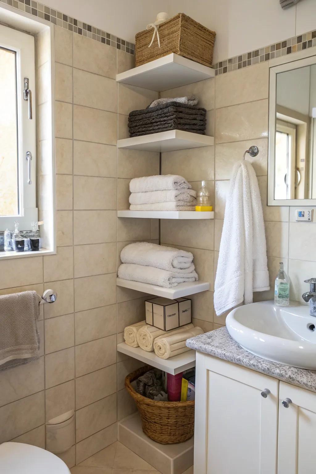 Maximize unused nooks for extra towel storage.