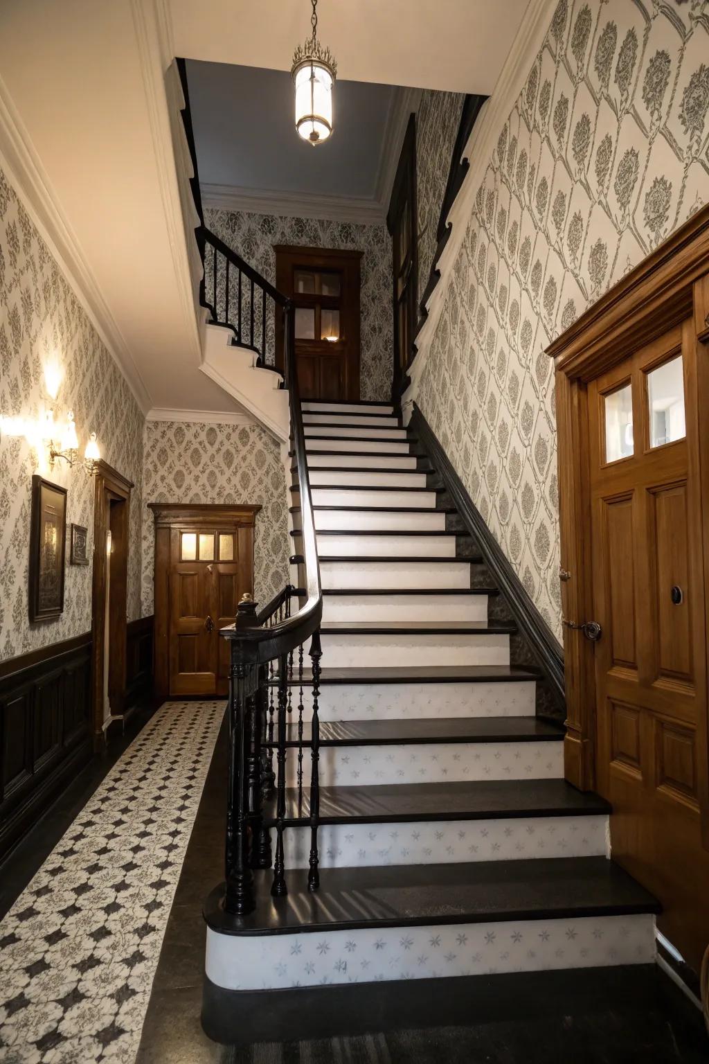 A monochrome palette introduces timeless style to the staircase.