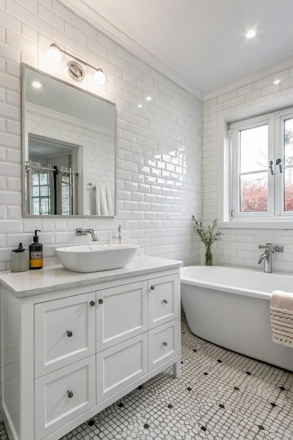 A white bathroom demonstrating different tones of white that create a sophisticated monochrome effect.