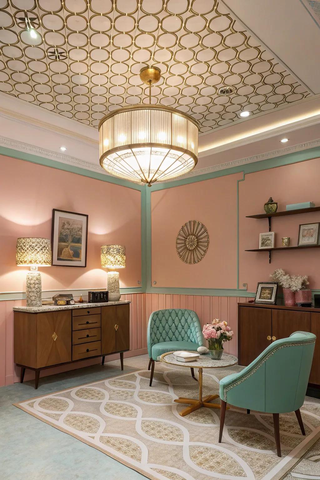 A retro-themed room showcasing mid-century modern lighting within the tray ceiling.