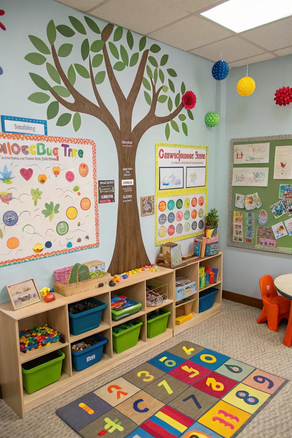 An interactive learning tree bulletin board with educational games.