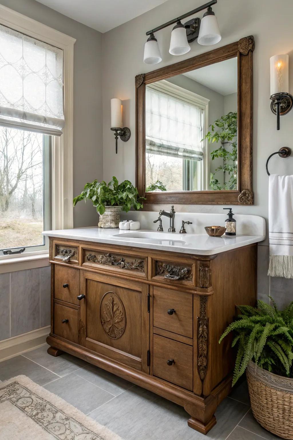 Here, a bathroom vanity combines the charm of vintage with modern components, resulting in a unique appeal.