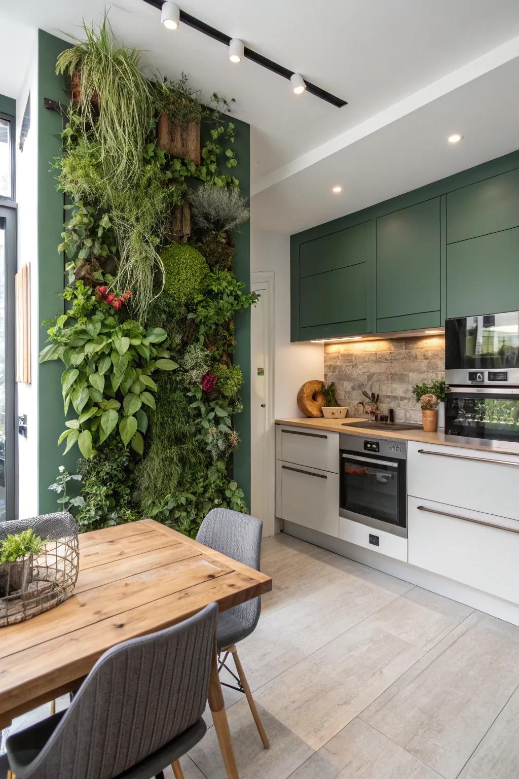 A lush vertical garden creates a striking and fresh focal point.