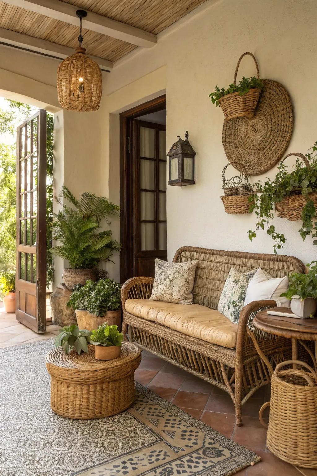 Wickerwork and cane components contribute a relaxed isle vibe to your entryway.