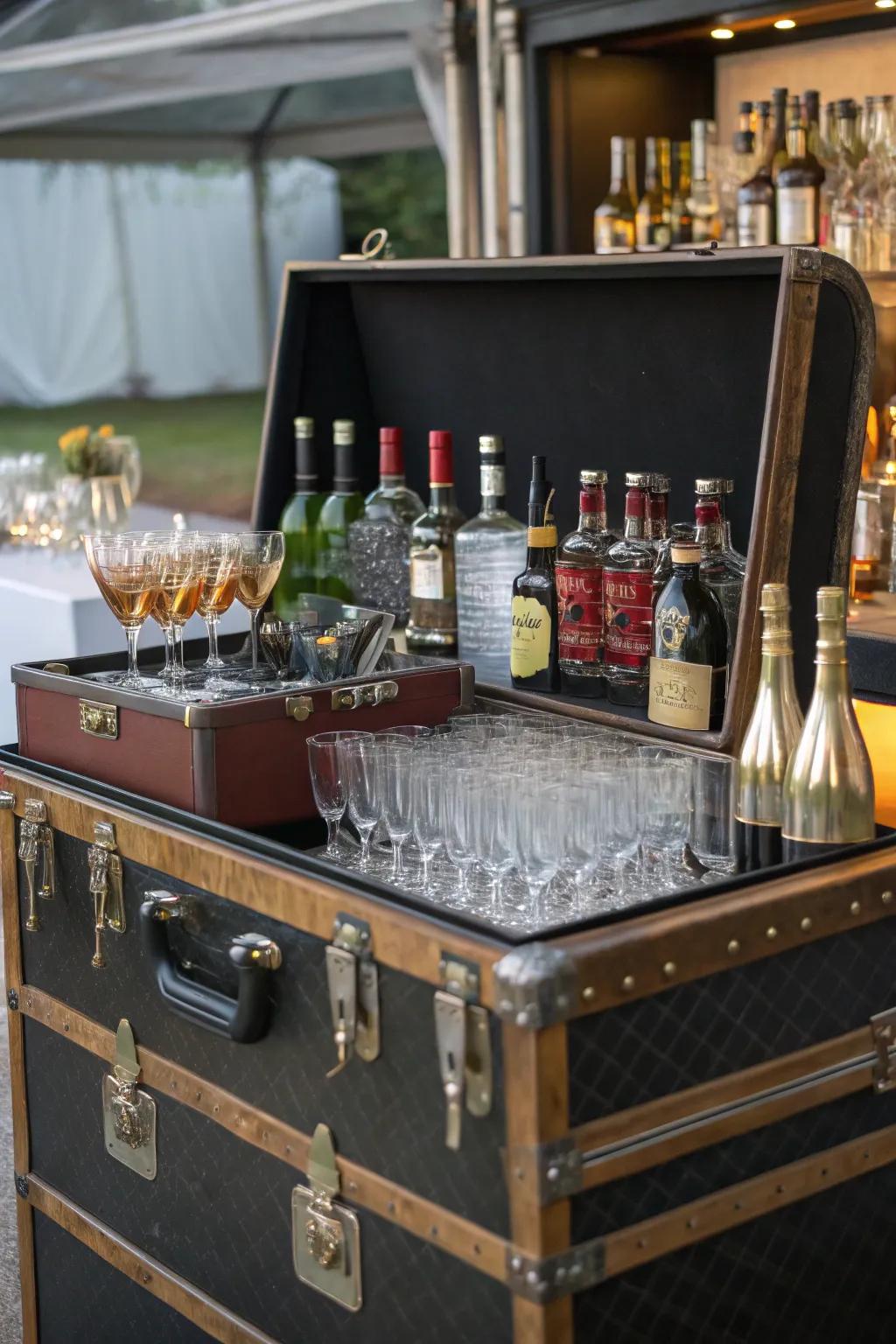 A trunk becomes a whimsical bar station, adding fun to any gathering.