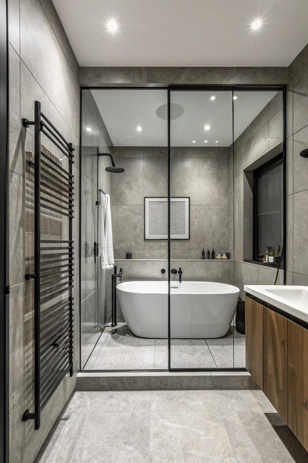 A monochrome palette injects sophistication and cohesion into the tub-in-shower design.