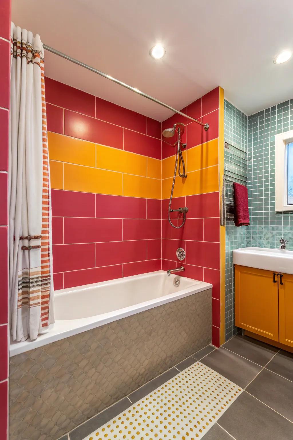 Bold color contrasts create a dynamic look in this bathroom.