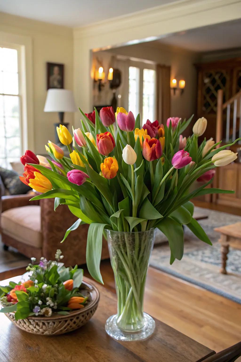 A fresh tulip cluster bringing the garden's beauty into the home.