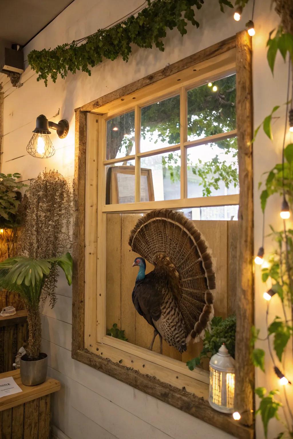 Reclaimed resources grant a turkey fan mount a distinctive, sustainable flair.