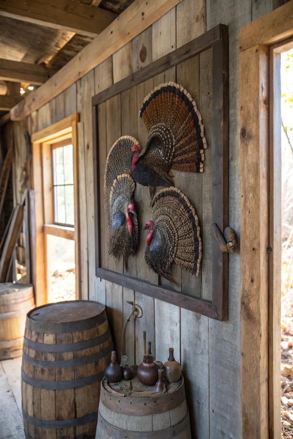 A rustic shed wood panel showcasing wild fowl trophies.